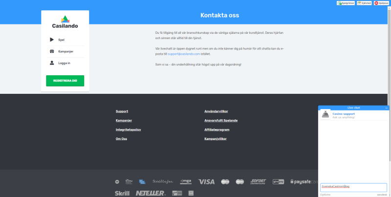Casilandos kundtjänst och support