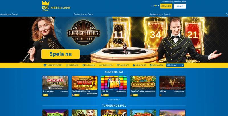 Startsidan på Karl Casino