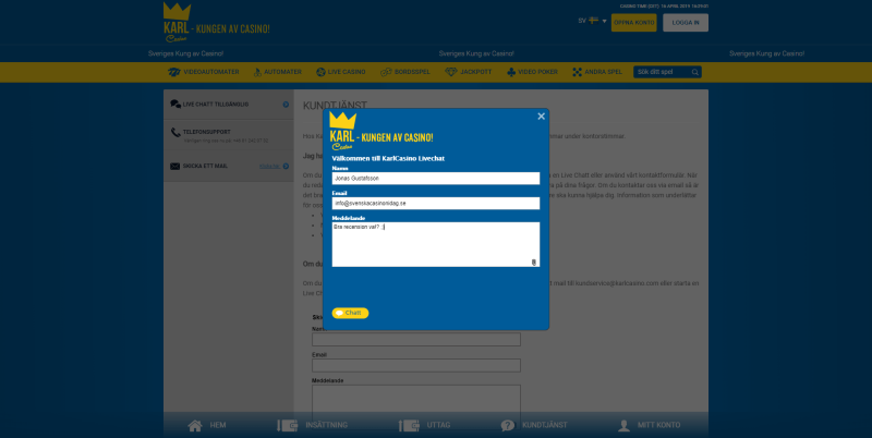 Kundtjänst och livechatt på Karl Casino