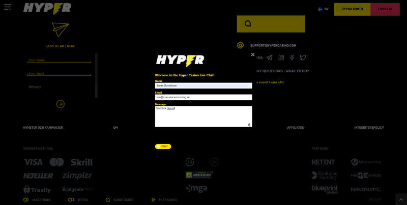 Livechatt på Hyper Casino