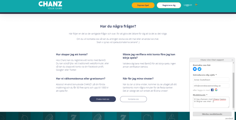 Chanz Casino kundtjänst och livechatt