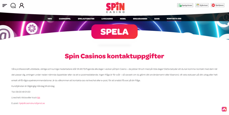 spin casinos kontaktuppgifter