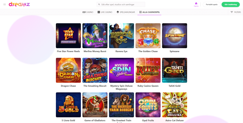 Alla slots på Dreamz Casino