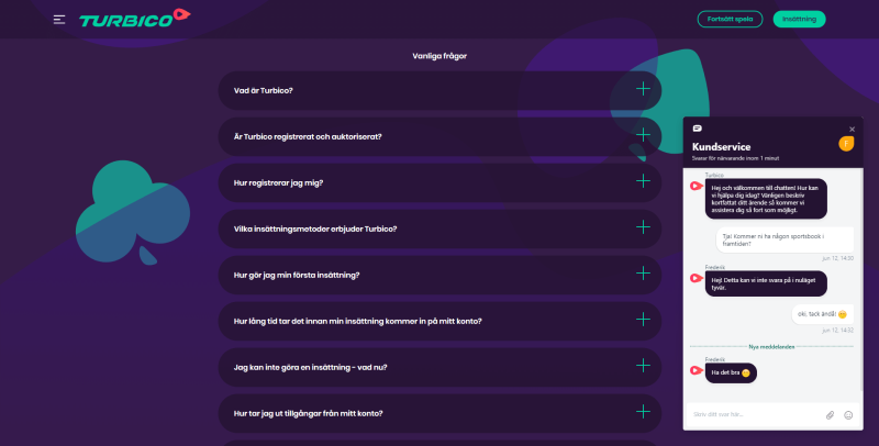 FAQ och livechatt hos Turbico Casino