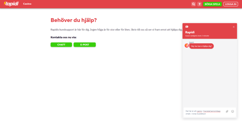 Livechatt till hjälp på Rapidi Casino