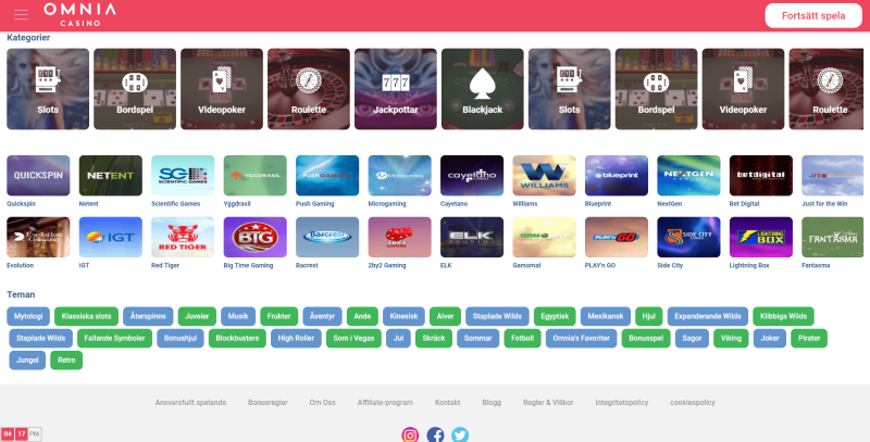 spelkategorier och spelleverantörer på Omnia Casino