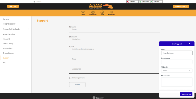 Snabbis Casino support och live chatt