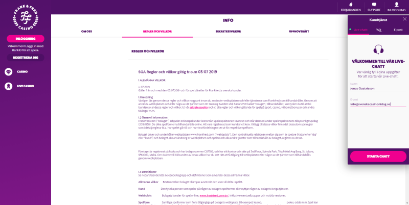 sv kundsupport frank and fred casino