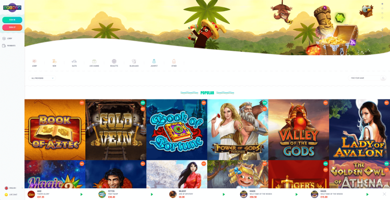 Startsidan på ett casino utan spelpaus