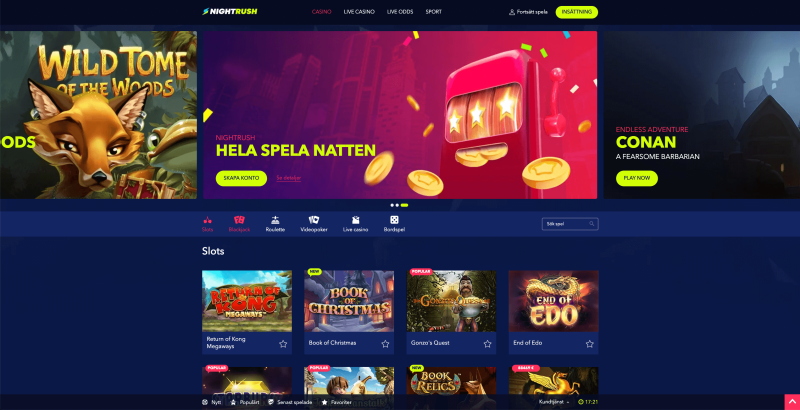 Lättnavigerad startsida hos Nightrush casino
