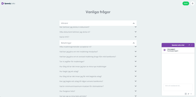 Speedy Lotto FAQ och livechat