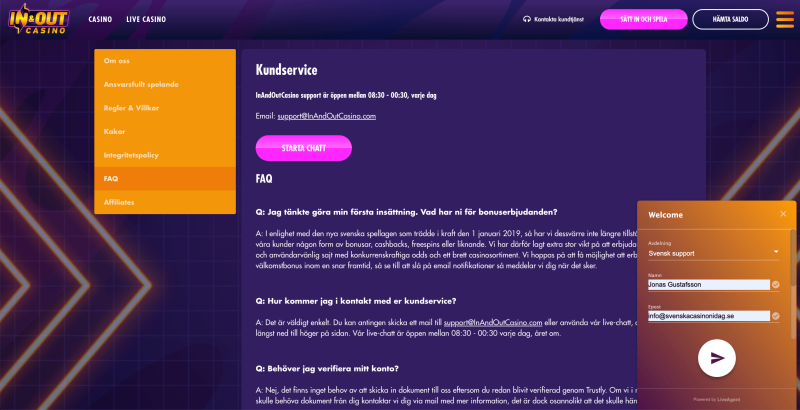 in and out casino live chat och FAQ